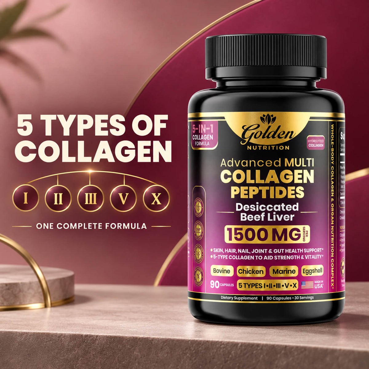 Golden Nutrition Multi Collagen Peptides – 5 Types of Collagen for Hair, Skin, Nails & Joint Support