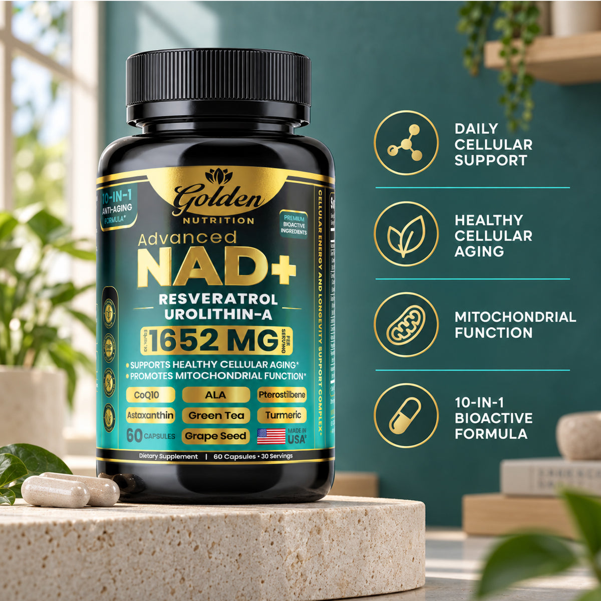 Golden Nutrition Maximum Strength NAD+ Supplement – Advanced Cellular Energy & Healthy Aging Support