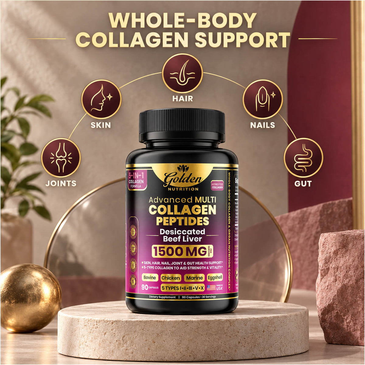 Golden Nutrition Multi Collagen Peptides – 5 Types of Collagen for Hair, Skin, Nails & Joint Support