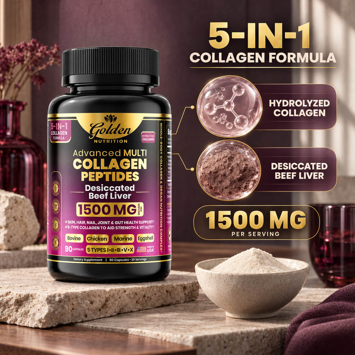 Golden Nutrition Multi Collagen Peptides – 5 Types of Collagen for Hair, Skin, Nails & Joint Support